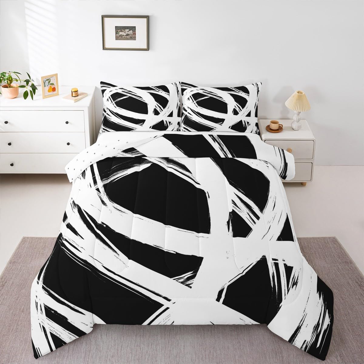 Erosebridal White and Black Abstarct Queen Comforter Set for Adult Women Men, Geometric Striped Bedding Set for Minimalists,Graffiti Aesthetic Lines Quilt,Contemporary Boho Modern Art Duvet Insert