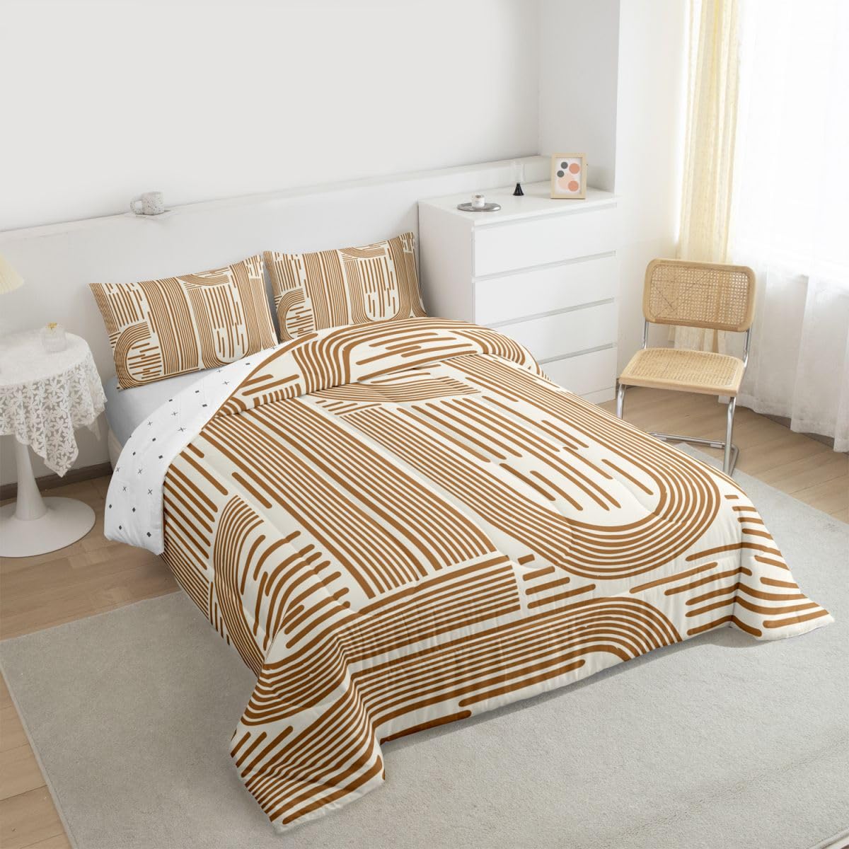 Feelyou Orange Modern Abstract Bedding Set Soft for Boys Girls, Boho Rainbow Comforter Set Queen Size Bohemian Geometric Duvet Quilt Microfiber Bedroom Decor 3 Pcs with 2 Pillow Cases