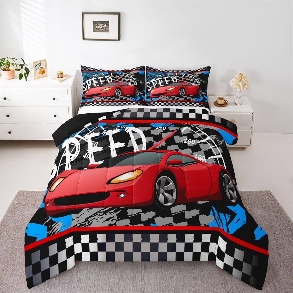 Feelyou Boys Race Car Bedding Set Cool Race Sports Car Set Comforter Set for Kids Boys Sports Theme Duvet Set Checkered Comforter Red 1 Comforter Set with 2 Pillowcases Full Size