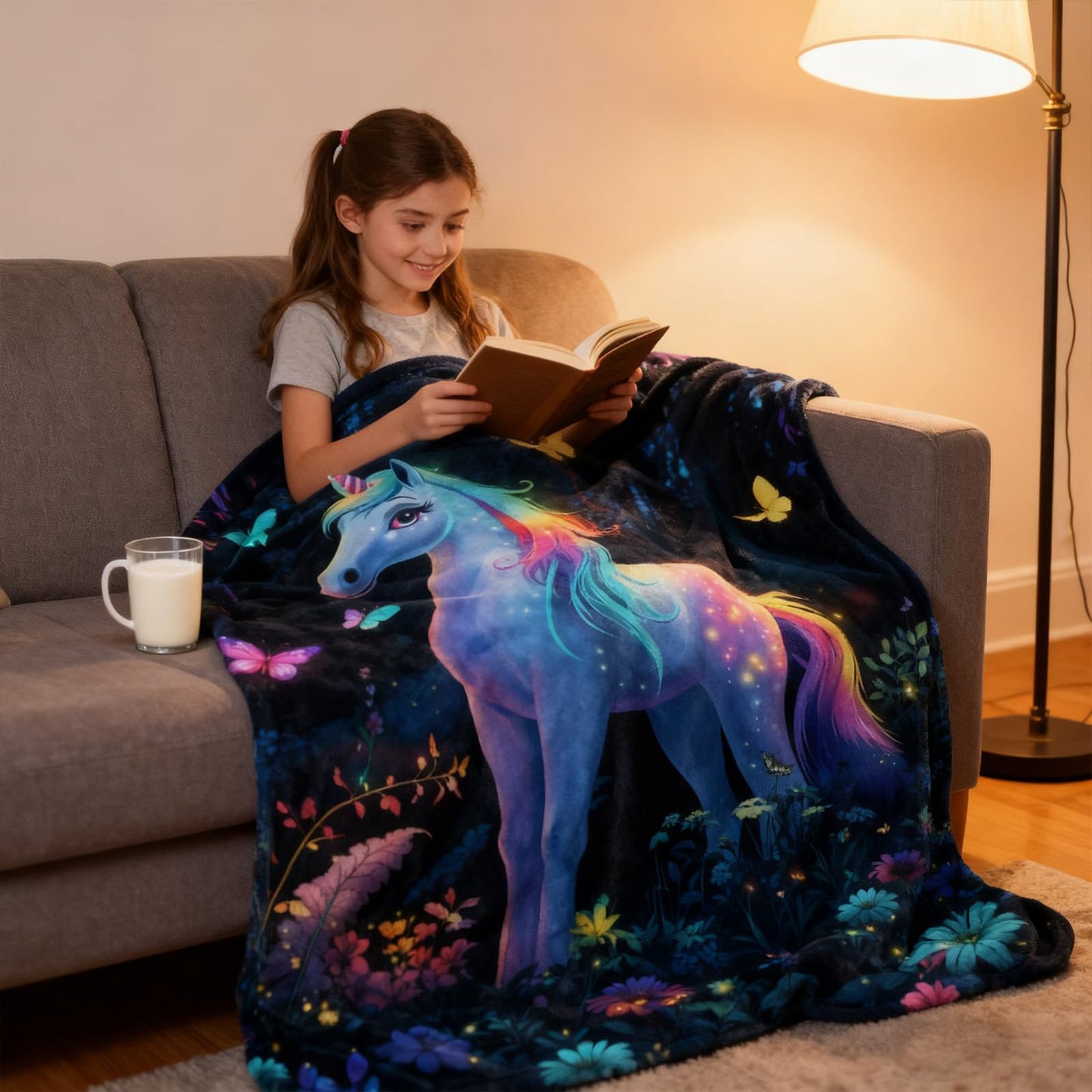 kampdream Unicorn Flannel Blanket, Enchanted Forest Dream with Rainbow Mane and Tail Butterfly Surrounded Super Soft and Warm for Couch Sofa Living Room Ideal Gift for Girls Teens 50×60 inch