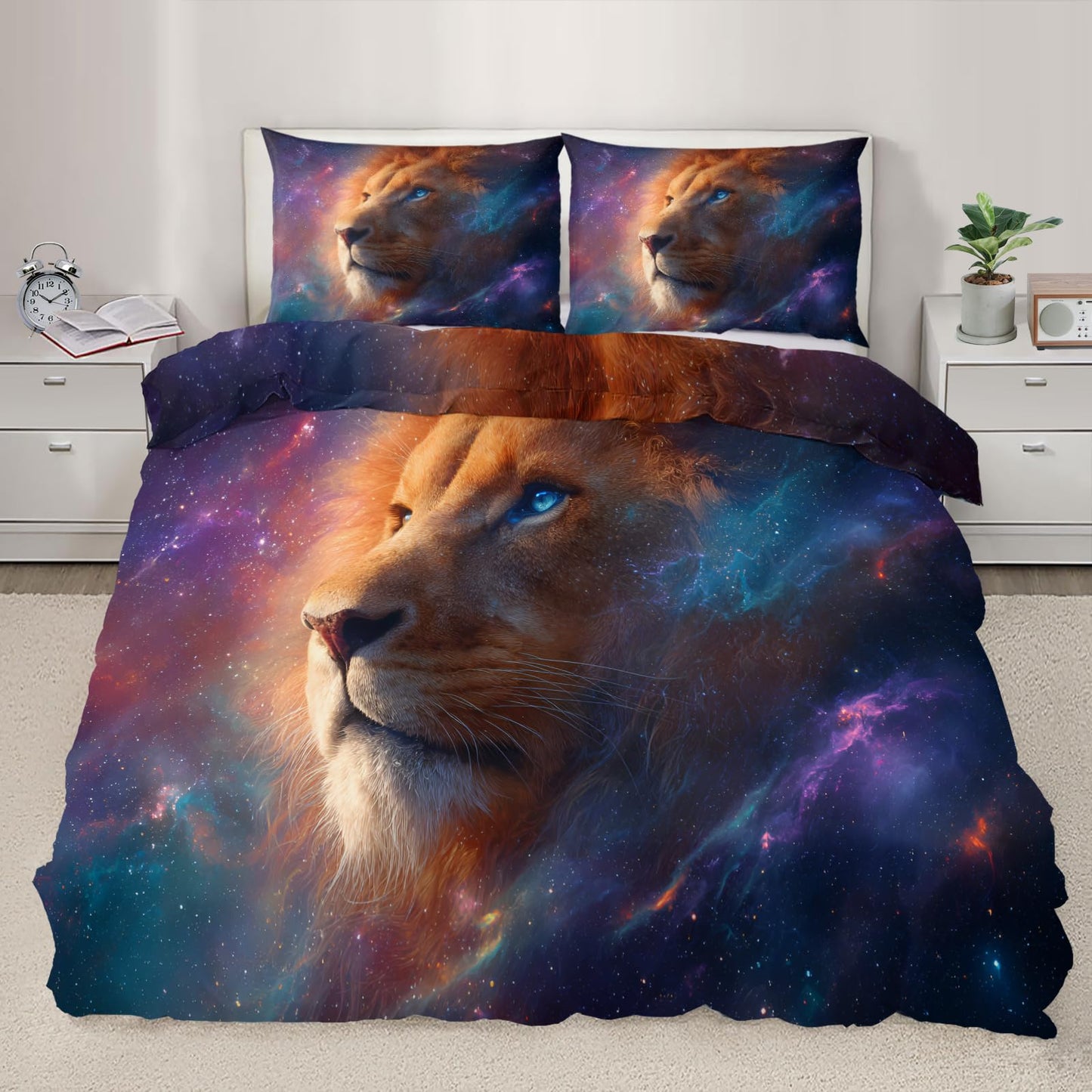 ZAOMIR Lion Duvet Cover Set & Corner Ties for Boys Teen, Space Fantasy Animal Bedding Set Twin for Adult Kids, Cosmic Nebula Galaxy Starry Sky Comforter Cover Reversible Bedding with 2 Pillowcases