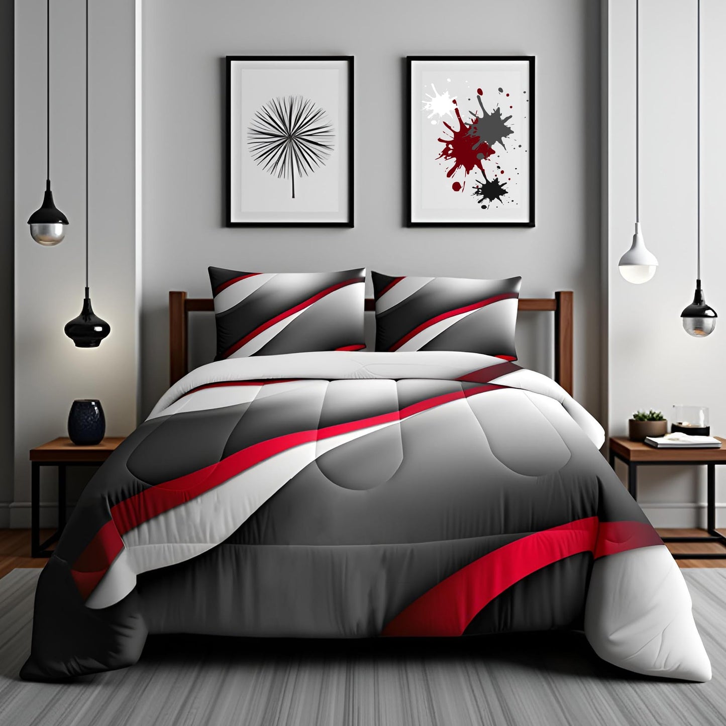Castle Fairy Modern Gray Red Black Comforter Set Full Size Abstract Stripes Quilt Set 3pcs for Kids Youth Men Women Bedroom Decor 3D Stripes Bedding Set Gradient Simple Duvet Insert,2 Pillowcases