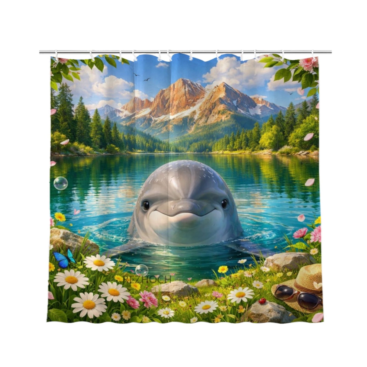 REZHOCH Funny Dolphin Alpine Lake Landscape Shower Curtain 72x72Inch Cute Animal Bathroom Decor Summer Wildflower Waterproof Fabric Nature Wildlife Scenic Bath Set with Hooks