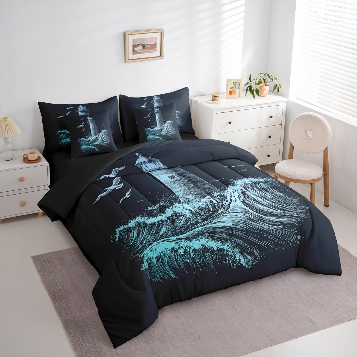 Erosebridal Boys Nautical Comforter Set Men Lighthouse Bed in A Bag King Size 7 Pieces Ocean Wave Bed Set Surfing Coastal Bedding