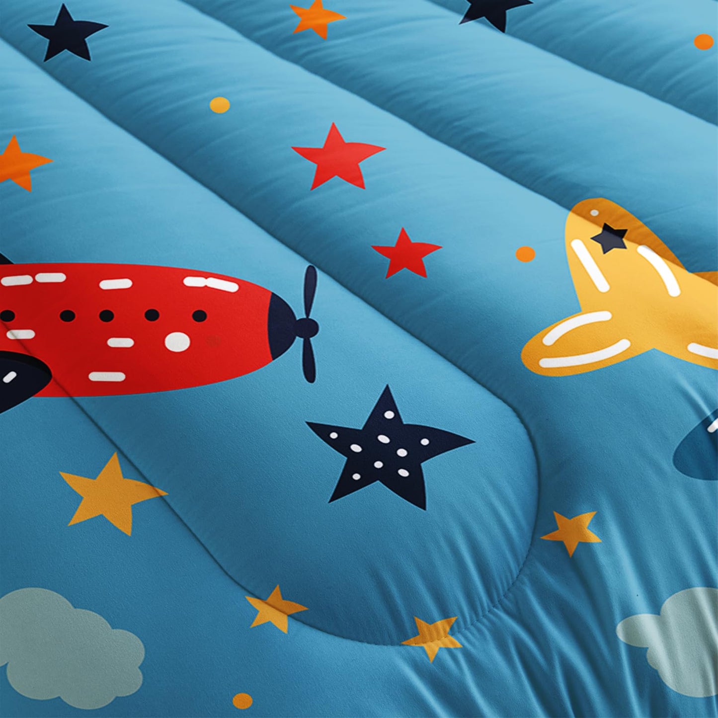 lneffble Kids Aeroplane Comforte Set Twin，Blue Airplane Bedding for Boys，Cute Star Quilt Pattern，Cute Bedroom Decor for Kids，1 Comforter 2 Pillow Cases