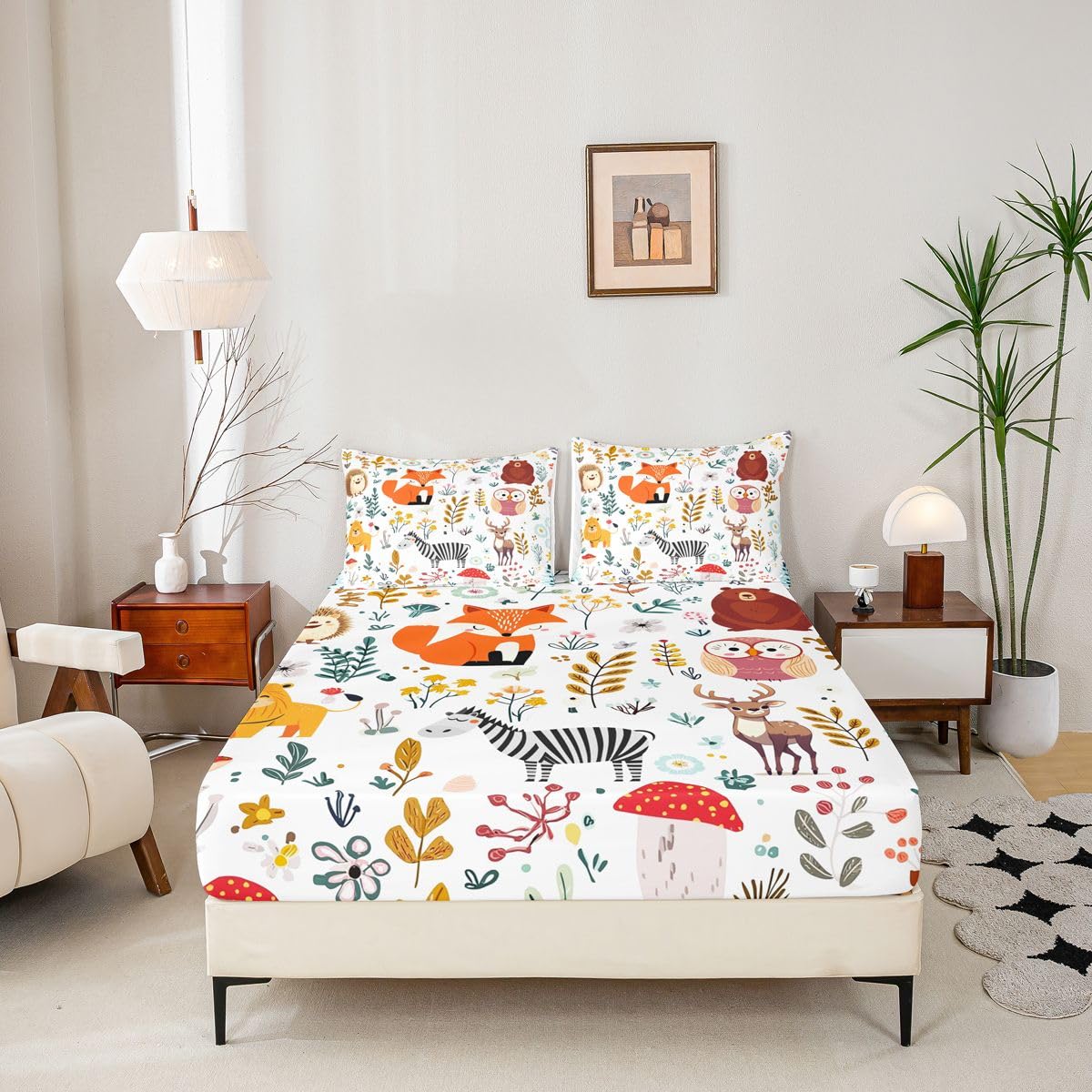 Erosebridal Kids Fox Bed Sheets Set King Size,Cartoon Bear Deer Bedding Set Cute Flower Animal Sheet Set for Boys Girls,Wild Flower Leaf Decor Fitted Sheet Flat Sheet 2 Pillow Cases