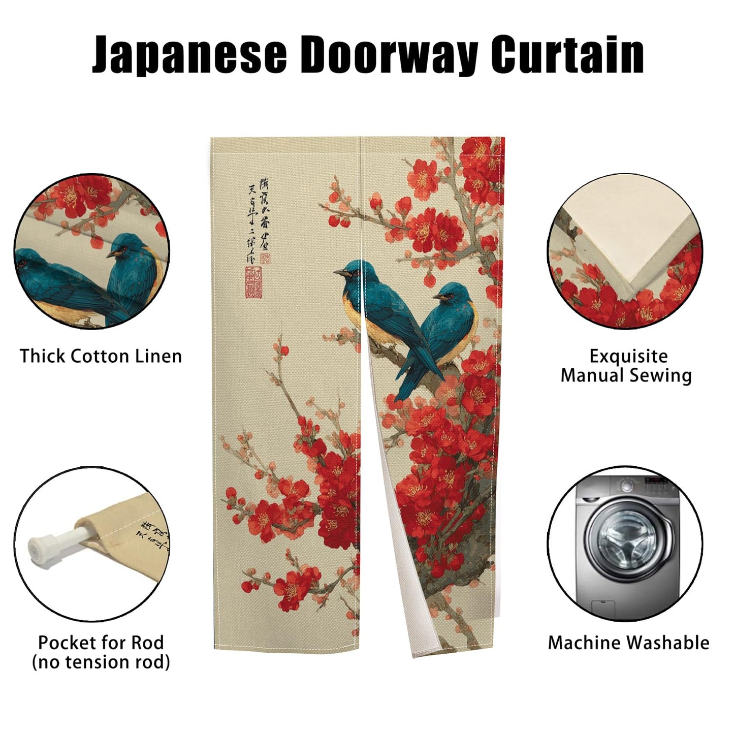 XMJJKUF Japanese Doorway Curtain Noren Long Style Red Cherry Blossom Printed Door Tapestry Window Treatment for Hanging Room Divider Kitchen Door Curtains Japanese Home Decor, 33.5"x 70.9"