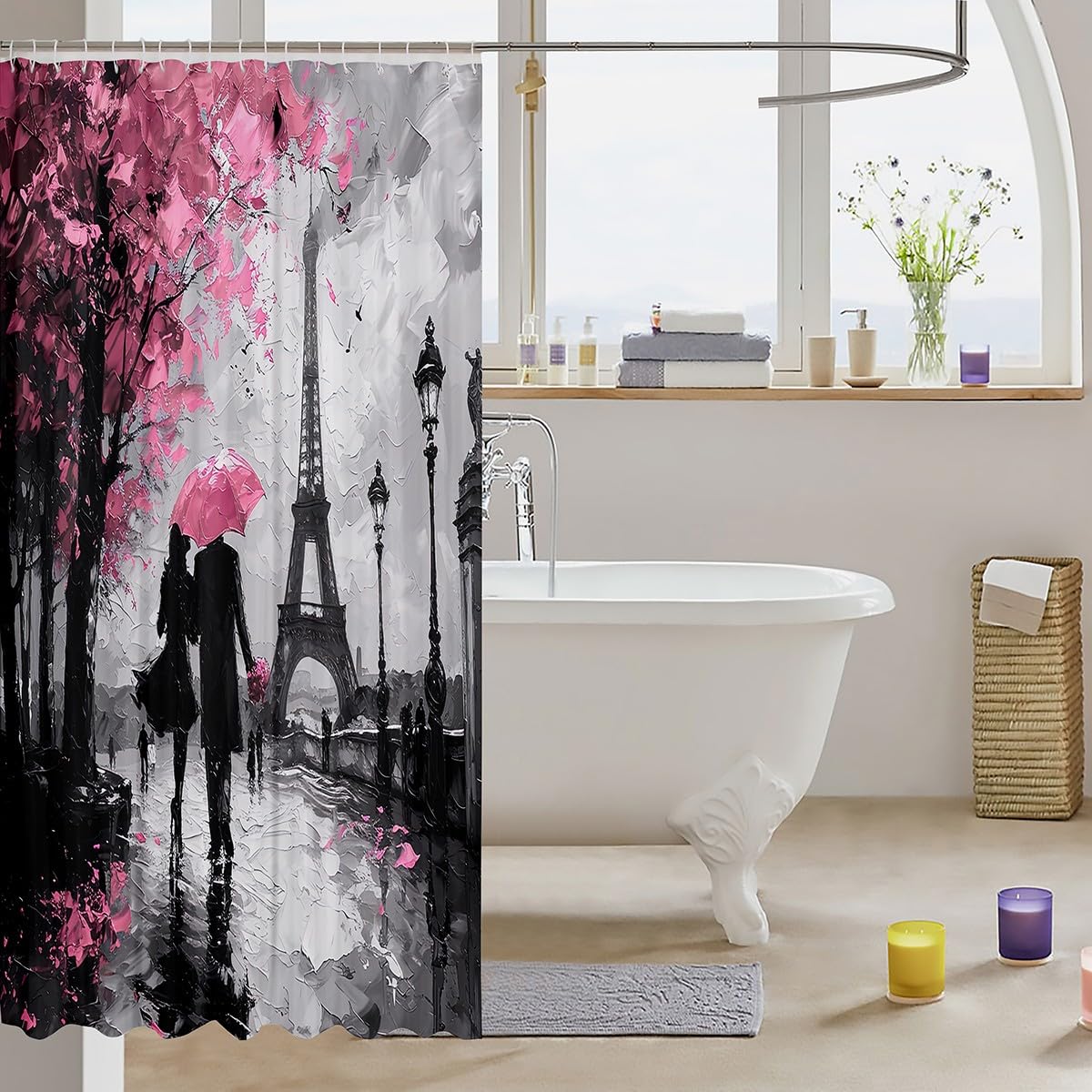 jejeloiu Eiffel Tower Shower Curtain 72"x78" Couple Romantic Paris Bathroom Shower Curtain Set for Girls Women Lover Valentine's Day Bath Curtain Pink France Trip Bathroom Accessories