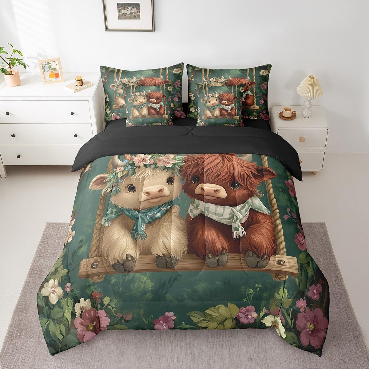 Erosebridal Highland Cow Comforter Set King Size,Western Cow Bedding Set for Kids Teens,Farmhouse Animal Bed in a Bag （Comforter, Sheets, Pillowcases & Cushion Covers）