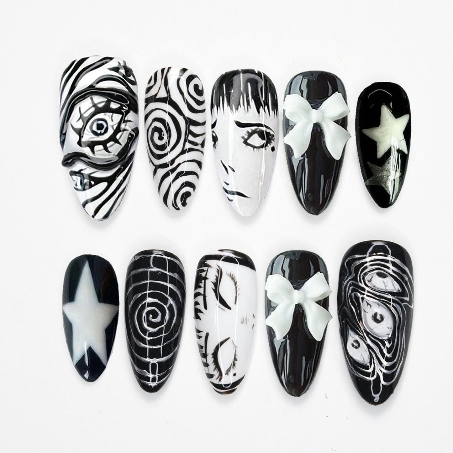 Gothic Press on Nails Medium Almond -Horror Black White False Nails with Eye Swirl 3D Bow Star Hand Painted, Spooky Punk Cartoon Anime Y2k Fake Nails with Glue Tabs for Women Halloween Cosplay 24Pcs