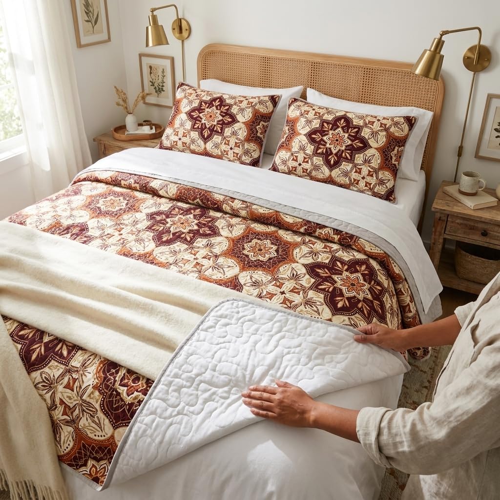 Boho Medallion Quilt Set, Warm Terracotta and Cream Lightweight Microfiber Bedspread with Matching Pillow Shams, Decorative Stitching for Cozy Bedroom Decor, Full/Queen