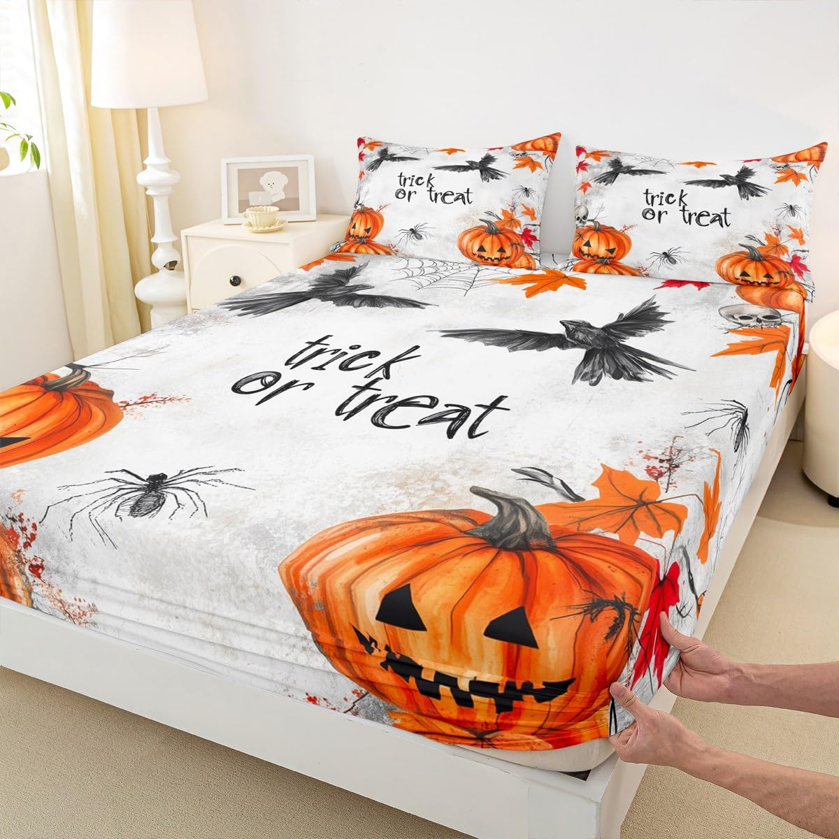 Feelyou Kids Halloween Bed Sheet Set Full Size, Pumpkin Fitted Sheet Boys Girls Trick or Treat Bedding Set Spider Web Teens Bedroom Decor (2 Pillow Cases and a Fitted Sheet)