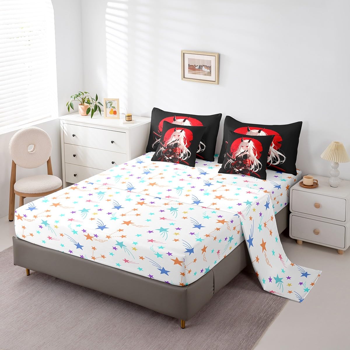 Erosebridal Twin Japanese Anime 7 Piece Comforter Set for Kids, Anime Girl Bed in A Bag Kawaii Japanese Style Bedding Set Cartoon Japan Animation Bed Set for Boys Teen Adult Women Bedroom