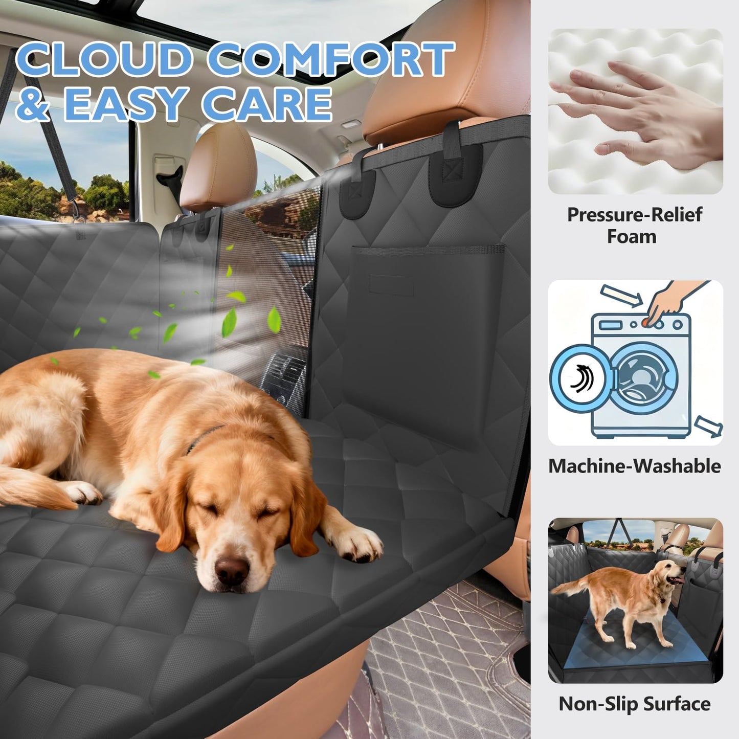 ROUWINNE Back Seat Extender for Dogs-Large Space, Hard Bottom Egg Crate Foam Soft Dog Car Seat Cover, Sturdy Backseat Extender for Dogs, Waterproof Pet Car Bed Dog Hammock for Car, SUV, Truck