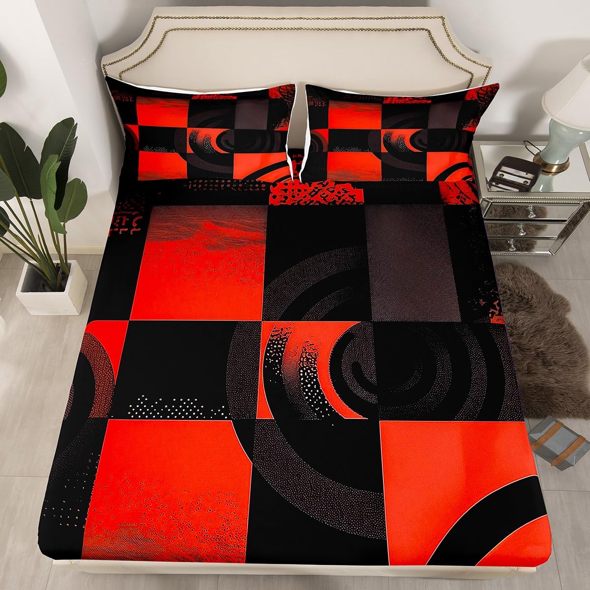 jejeloiu Black and Red Bed Sheets Set Twin Size Abstract Bed Set for Kids Boys Girls Deep Pocket Fitted Sheet Plaid Breathable Soft Lightweight Microfiber