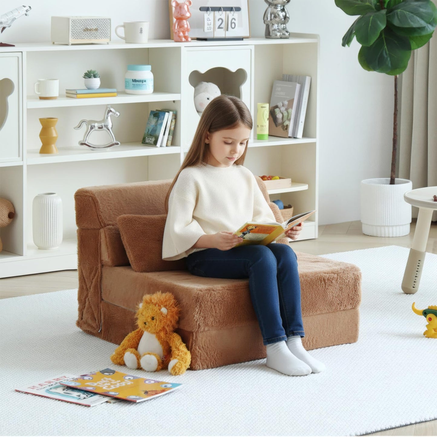 Tiita Convertible Folding Kids Sofa Bed with Pillow & Storage Bag, Plush Fabric Floor Mattress Couch Bed, Washable Cover, Kids Room, Playroom, Dorm, Apartment, Brown