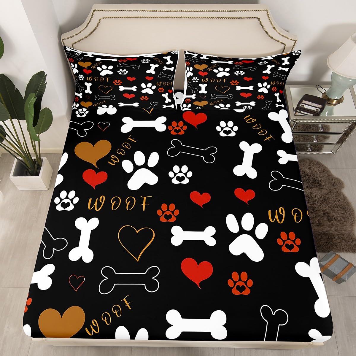 Erosebridal Dog Paw Print Sheet Set Queen Size for Kids Boys Girls,Lovely Animal Theme Bed Sheets White Bone Pattern Fitted Sheet Red Heart Flat Sheet Soft Luxury,Black Home Room Decor 4Pcs