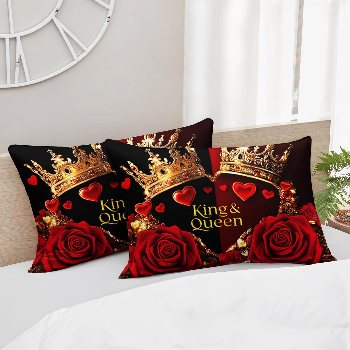 AILONEN Red and Black Rose Comforter Set Queen Size,Glod Crown Couple Bedding Set for Room,Romantic Flower Theme with 2 Pillowcases,3Pcs