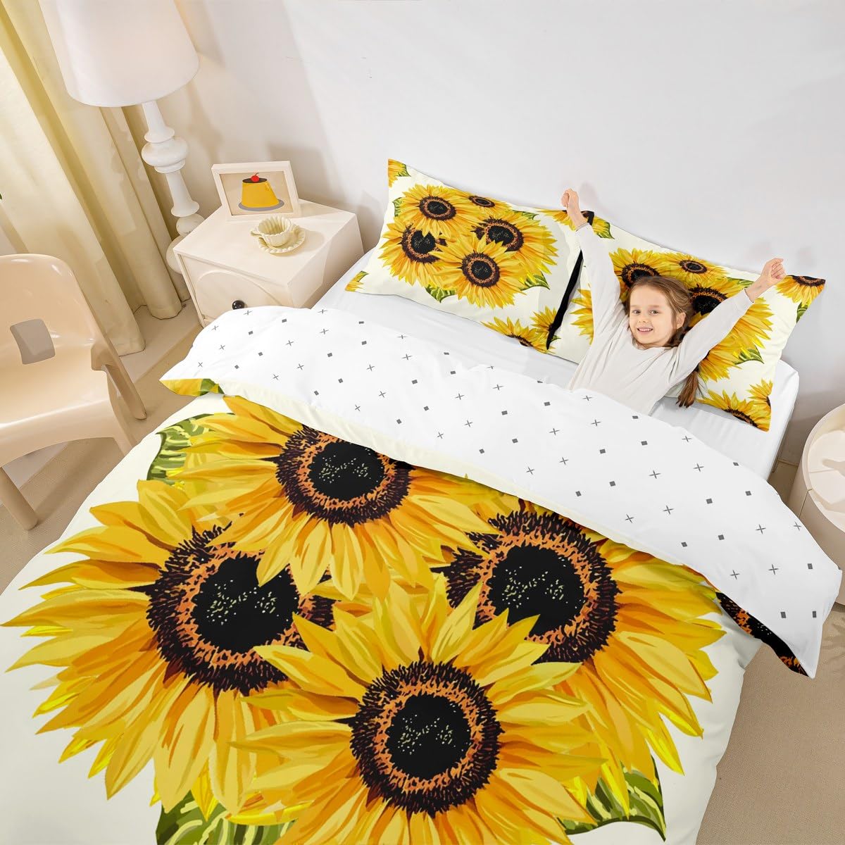 Homewish Sunflowers Bedding Set 3pcs Yellow Flowers Comforter Cover Yellow Sunflowers Printed Design Duvet Cover Set Botanical Bedspread Cover with 2 Pillow Cases(No Comforter) Queen Size