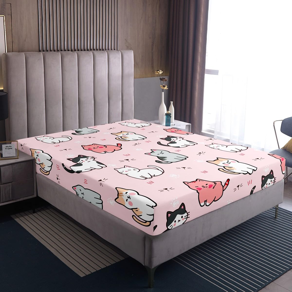 Erosebridal Cartoon Cat Bed Sheets,Kids Girls Pet Bedding Sets Queen Size,Cute Colorful Kitten Sheet Set for Teens Boys,White Cat Paw Print Flat Sheet with 2 Pillow Shams Pink