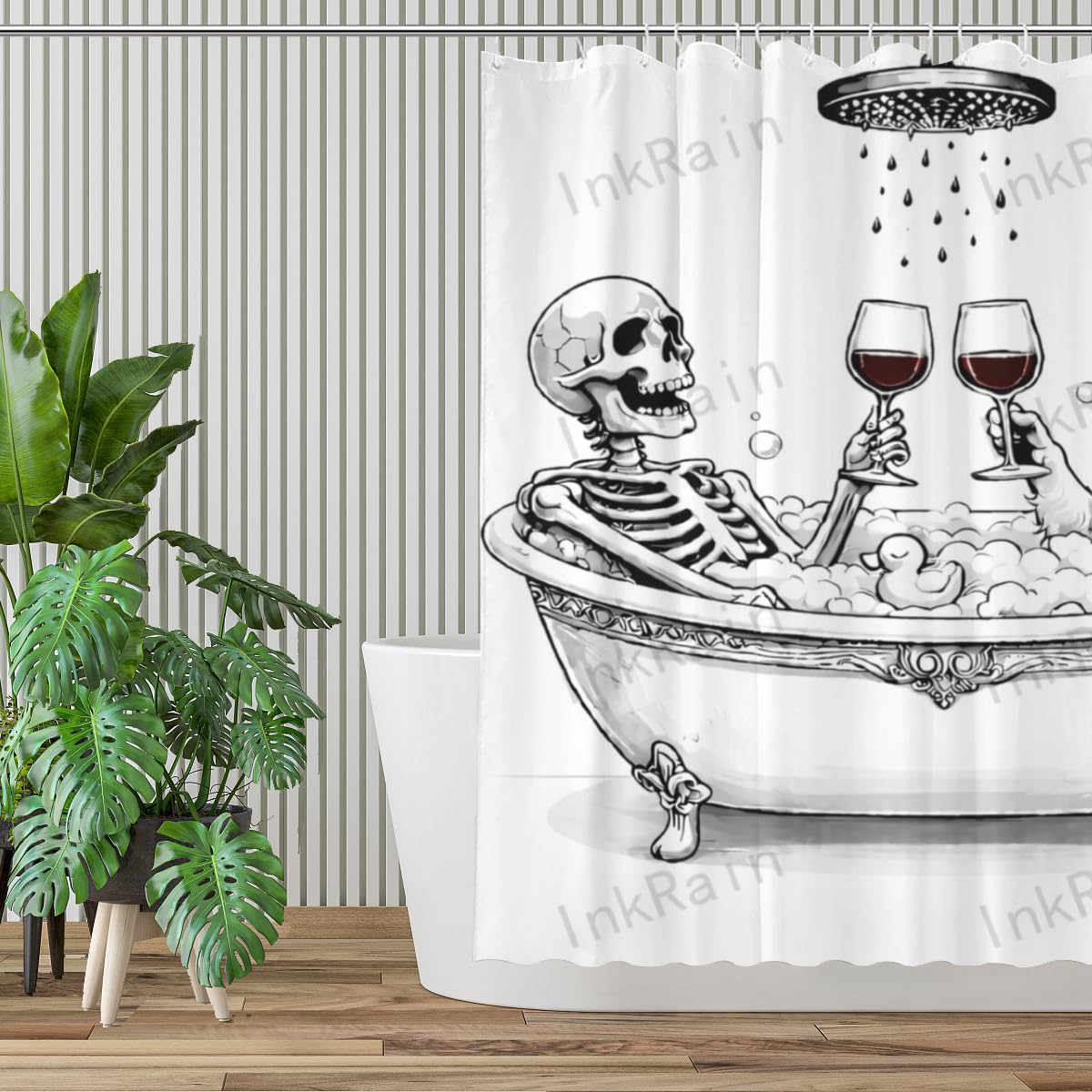 InkRain Gothic Skeleton and Samoyed Shower Curtain Funny Bathtub Wine Art Bathroom Decor Waterproof 72x72 Inch with 12 Hooks Halloween Farmhouse Bath Curtain