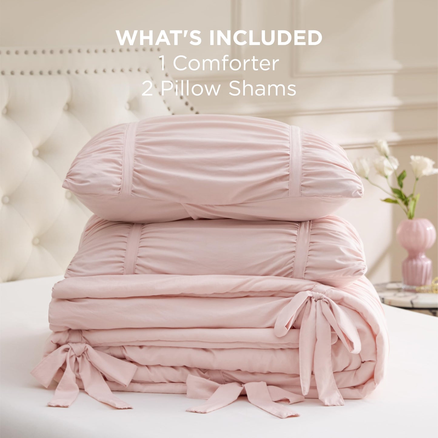 Bedsure Ruched Comforter Set with Bow Trim Pink, GentleSoft™ 3 Pieces Bow Bedding Pink Room Decor, King Boho Bedding for Girls Teens Women, 1 Bed Comforter, 2 Pillow Shams, 104x90 Inches