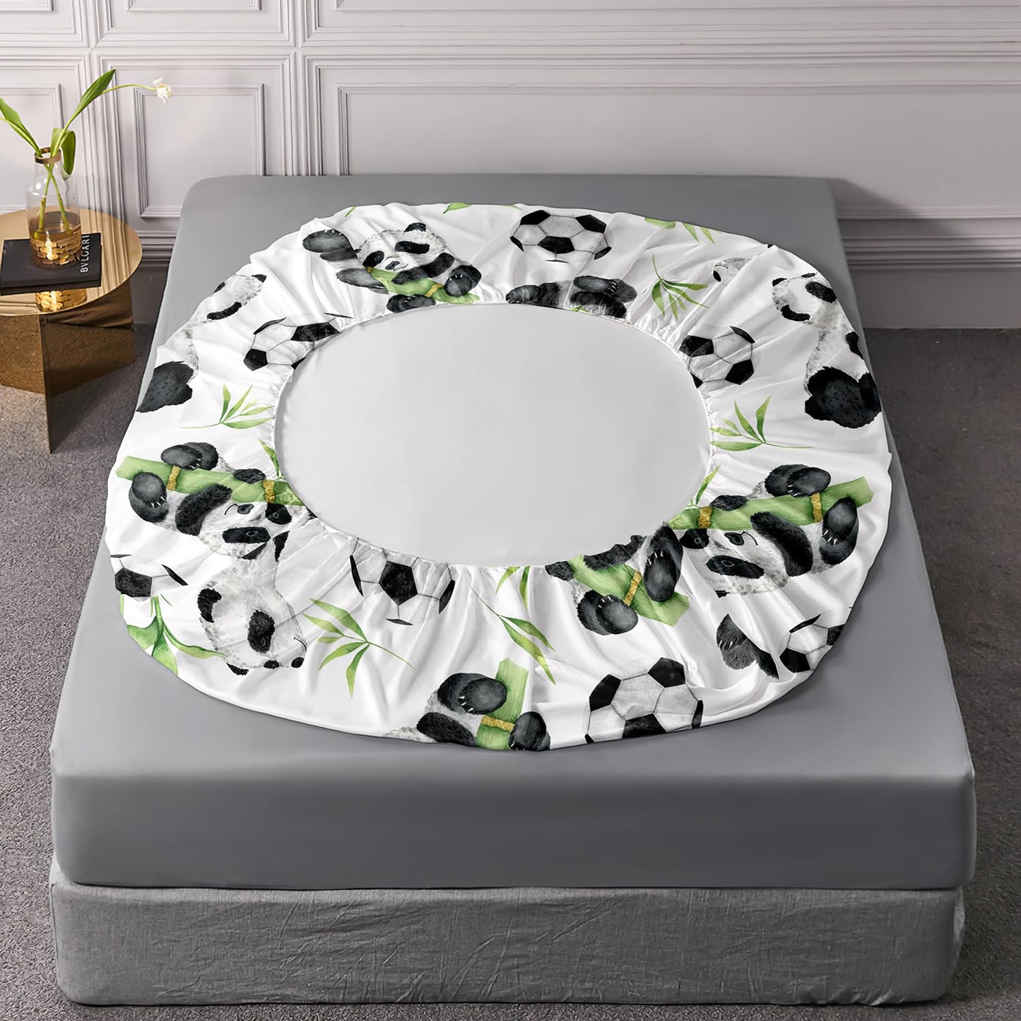 AILONEN Kawaii Fitted Sheet Set, Kids Lovely Panda Bedding Set Twin Size for Boys Girls, Black and White Soccer Print Bamboo Bed Sheet Set 3-Piece, 1 Fitted Sheet + 2 Pillowcases