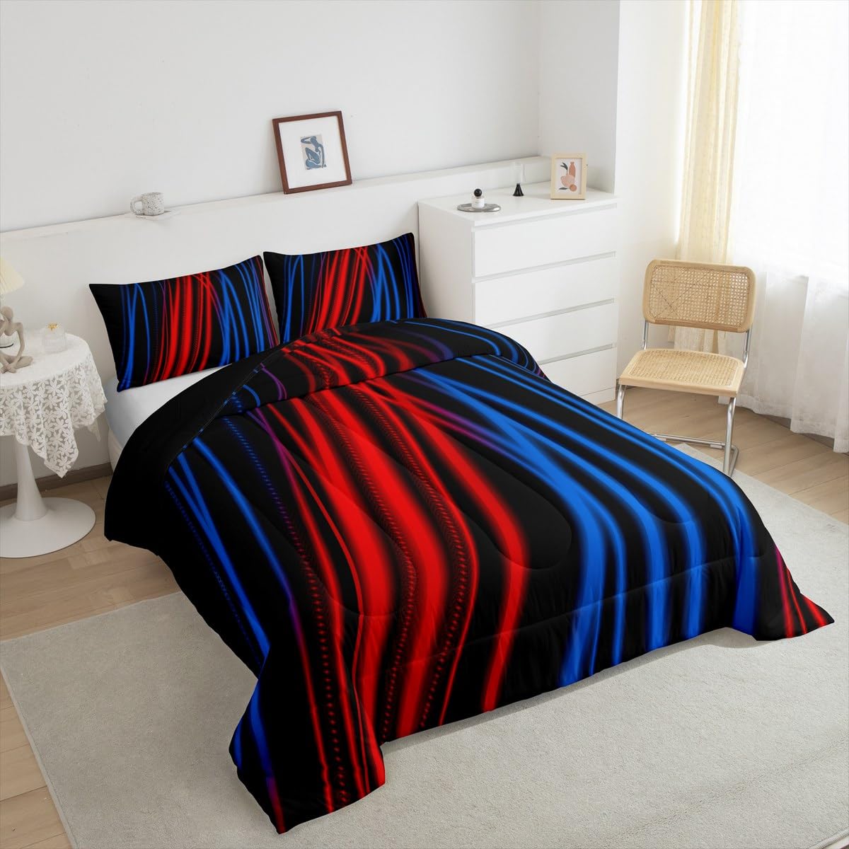 Feelyou Red Blue Stripes Comforter Full Size Ombre Red Blue Black Reversible Comforter Set for Boys Girls Children Abstract Bedding Set Room Decor Modern Art Duvet Set 3Pcs