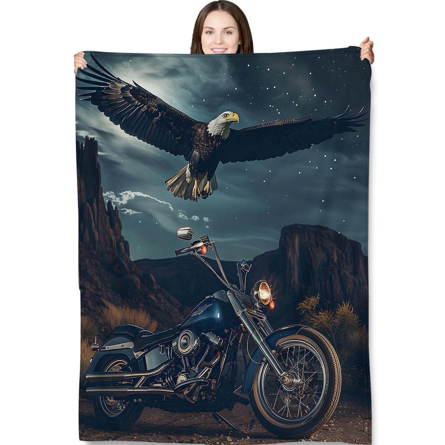 Freedom Ride Motorcycle Throw Blanket for Adults Kids, 50x60 in, Bald Eagle Theme Flannel Blankets for Bedroom, Couch, Travel, Home Decor, Fuzzy Soft Cozy Warm Gifts