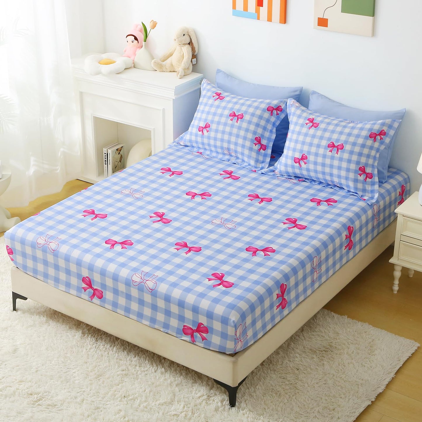 Wajade Bow Comforter Set 7 Piece Blue White Plaid Comforter Sets for Girls Kids Full Size Checkered Bedding Set with Sheet and 2 Pillowcases 2 Pillow Shams Cute Girls Bed in a Bag as Birthday Choice