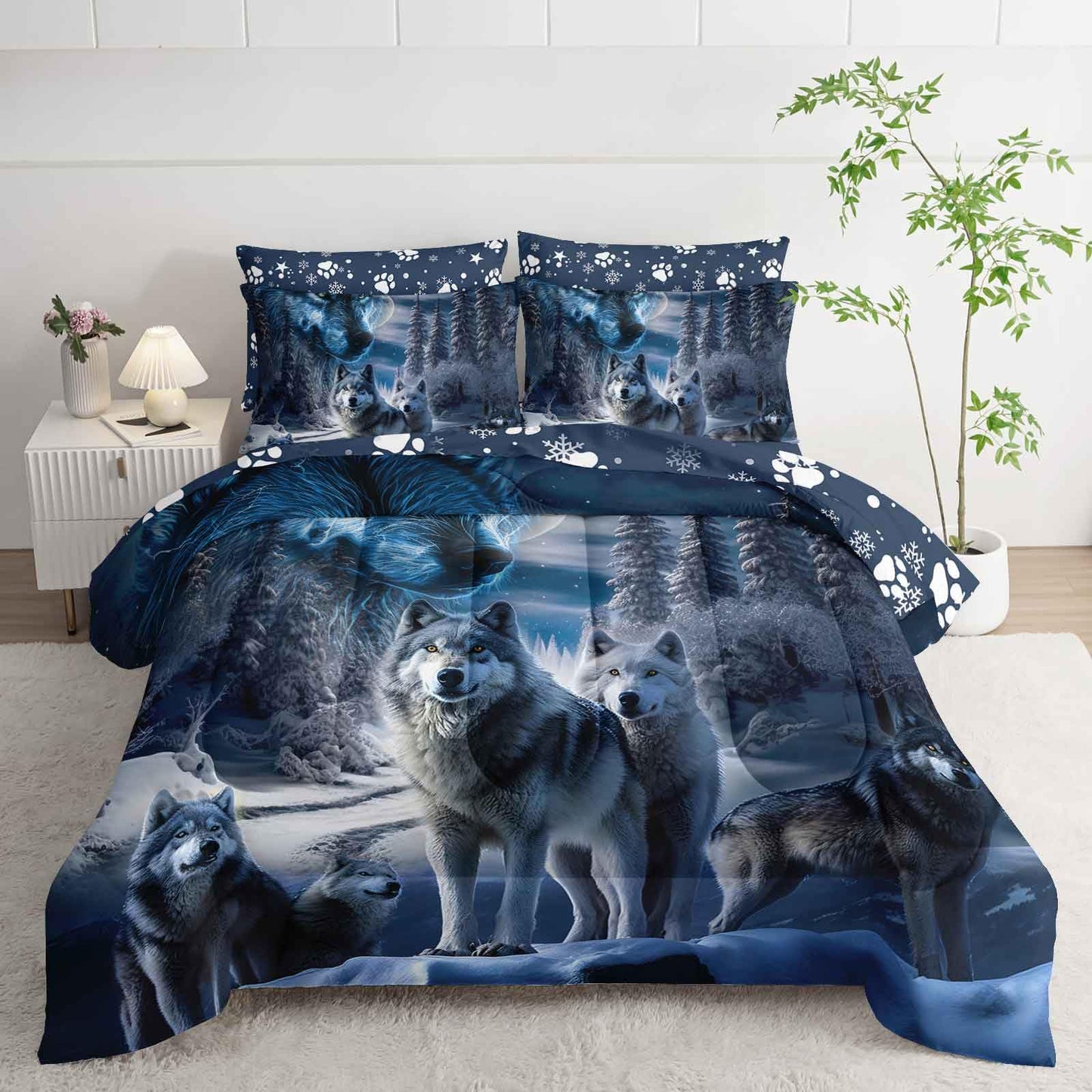 AILONEN Boys Snow Wolf Comforter Set Full Size,7-Piece Bed in a Bag Soft Microfiber for Kids Adults,Safari Wolves Printed Comforter & Fitted Sheet & Flat Sheet & 2 Pillowcases,2 Pillow Shams