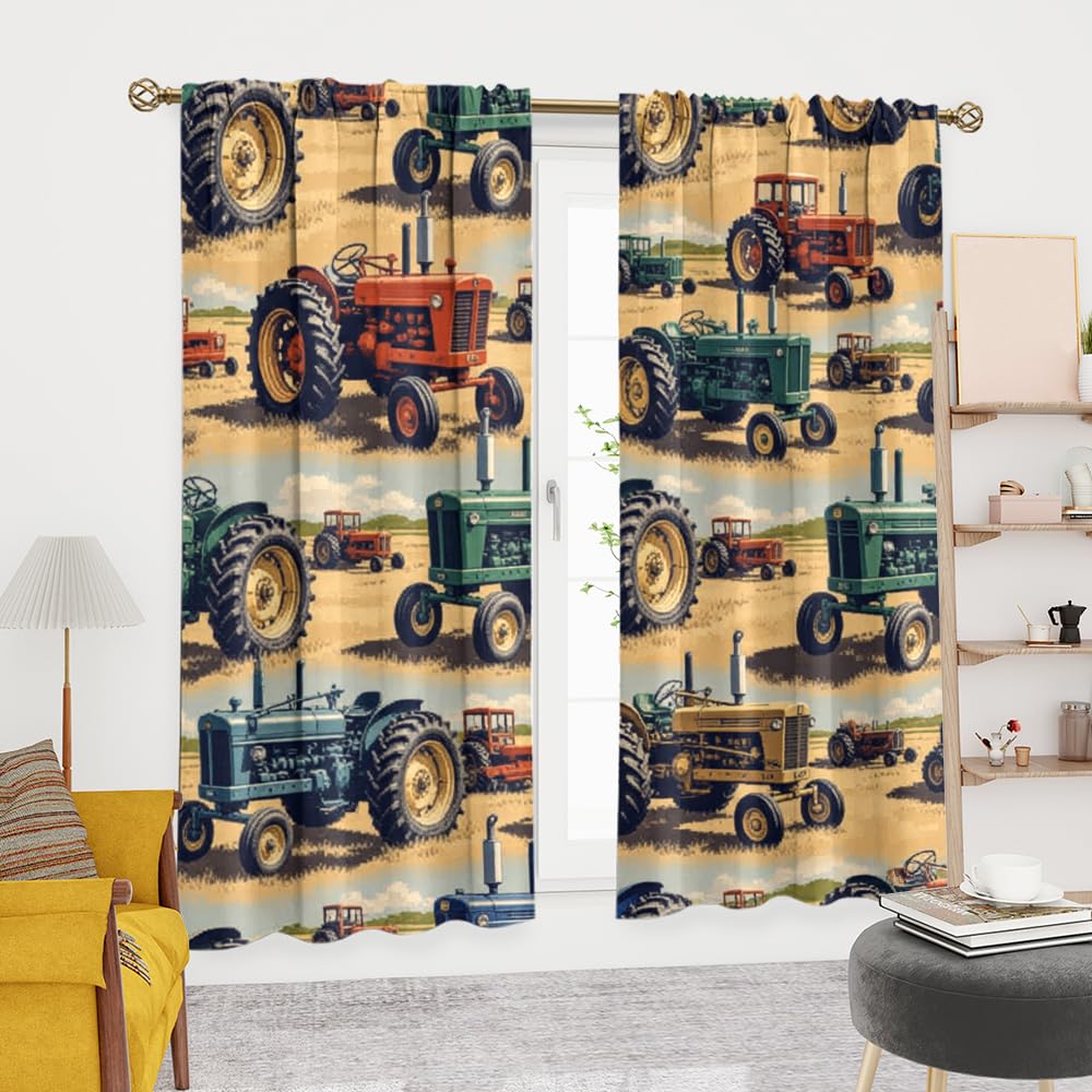 KuracleGH Cartoon Western Farmhouse Tractor Blackout Curtains-Rustic 70s Colorful Truck Rod Pocket Back Tab Drapes,Farm Harvester Tractor Thermal Insulated Light Blocking Curtain,2pc,Each 21“W x 45”L