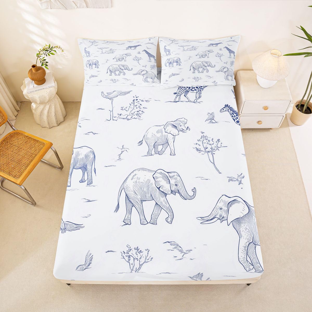 Erosebridal Jungle Animals Bed Sheets Full Cartoon Kawaii Sheet Set for Kids Boys Girls Hunter Brown Rust Wildlife Sheets Elephant Lion Giraffe Animal Flat Fitted Sheet 3 Pcs