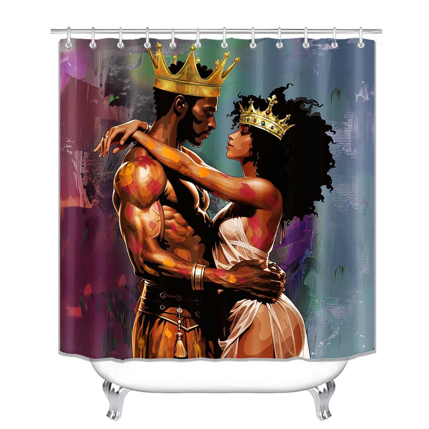 OLEBETY 4PCS African American Shower Curtain Sets with Rugs, Black King Queen Shower Curtain, Oil Painting Art Romantic Lovers Luxury Gold Crown Anniversary Black Women Men Afro Couple Bathroom Decor