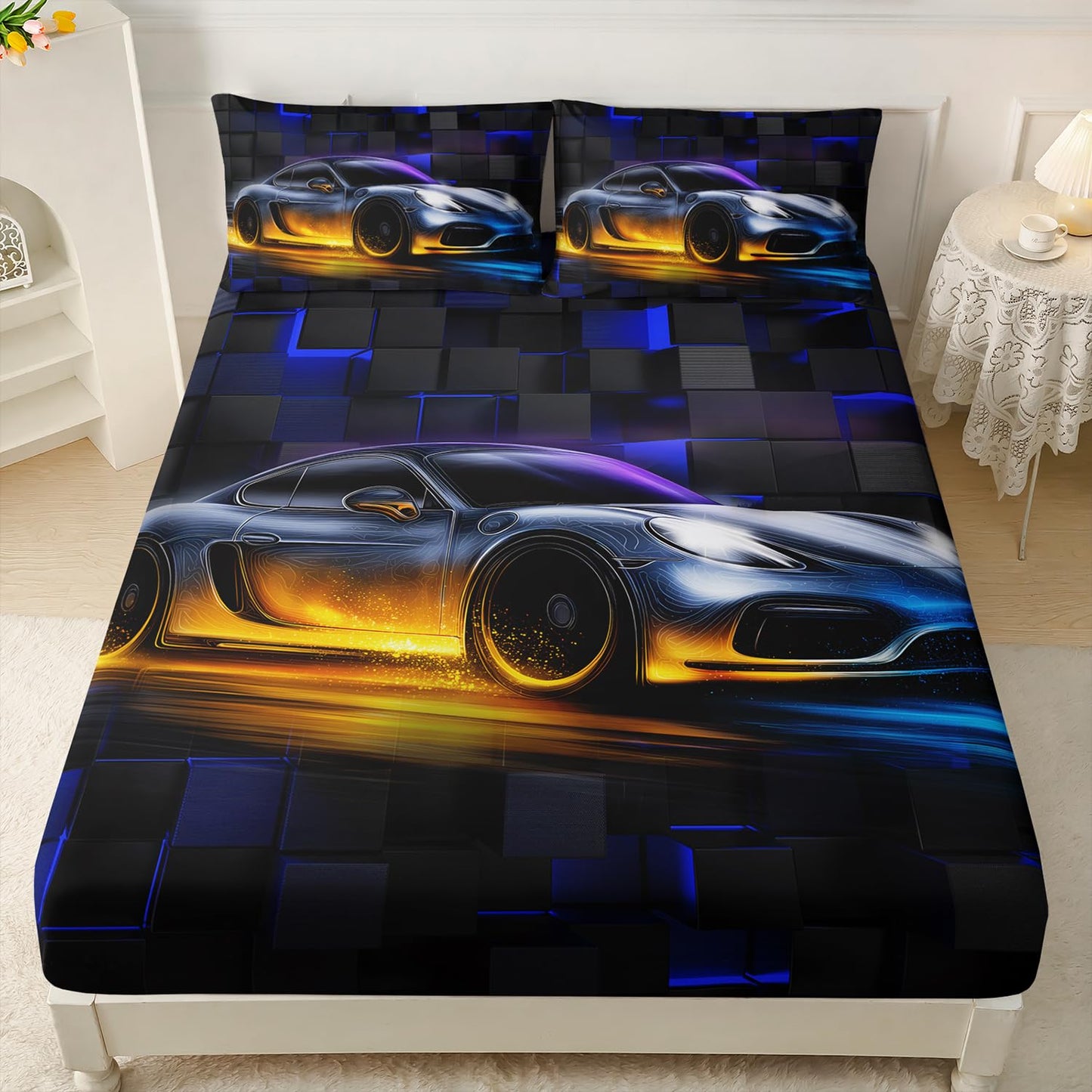 HOSIMA Boys Race Car Fitted Sheet Twin,Black Blue Geometric Background Pattern Lightweight Cool Extreme Sports Bedding for Kids Men Car Room Decor,1 Fitted Sheet+2 Pillowcases.