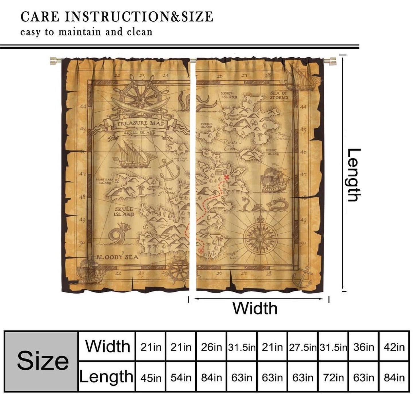 wlsgdsg Pirate Map Curtains for Boys Vintage Medieval Ocean Themed Old Nautical Treasure Compass Sailboat Map Pattern Window Treatments for Kids Teen Bedroom Living Room 42x44.5In（No Blackout）