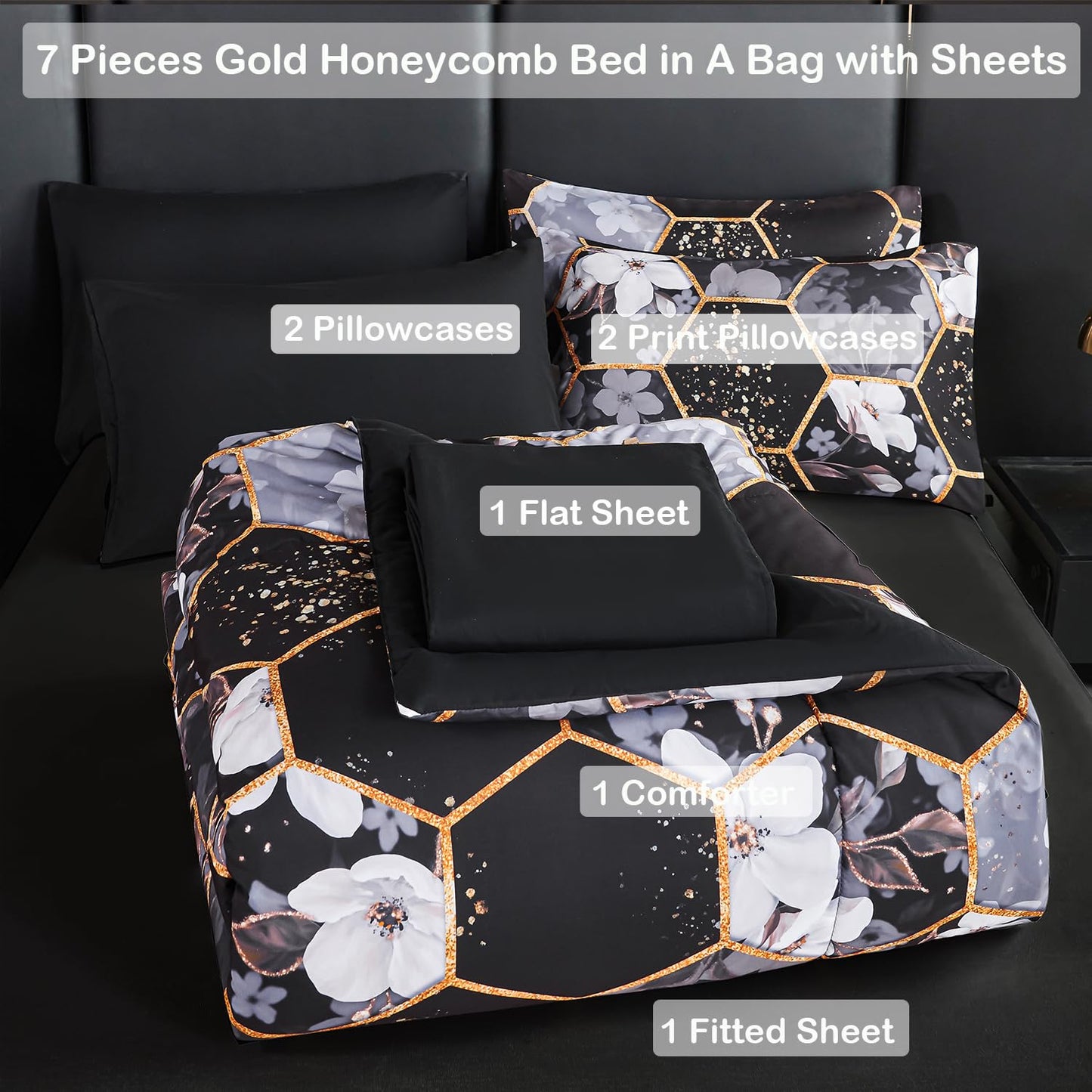 ANGIYUIN Black Gold Full Comforter Sets Floral Print Bedding Sets 7 Pieces Marble Bed in A Bag with Sheets White Flowers Bedding Comforter Sets for Women Men