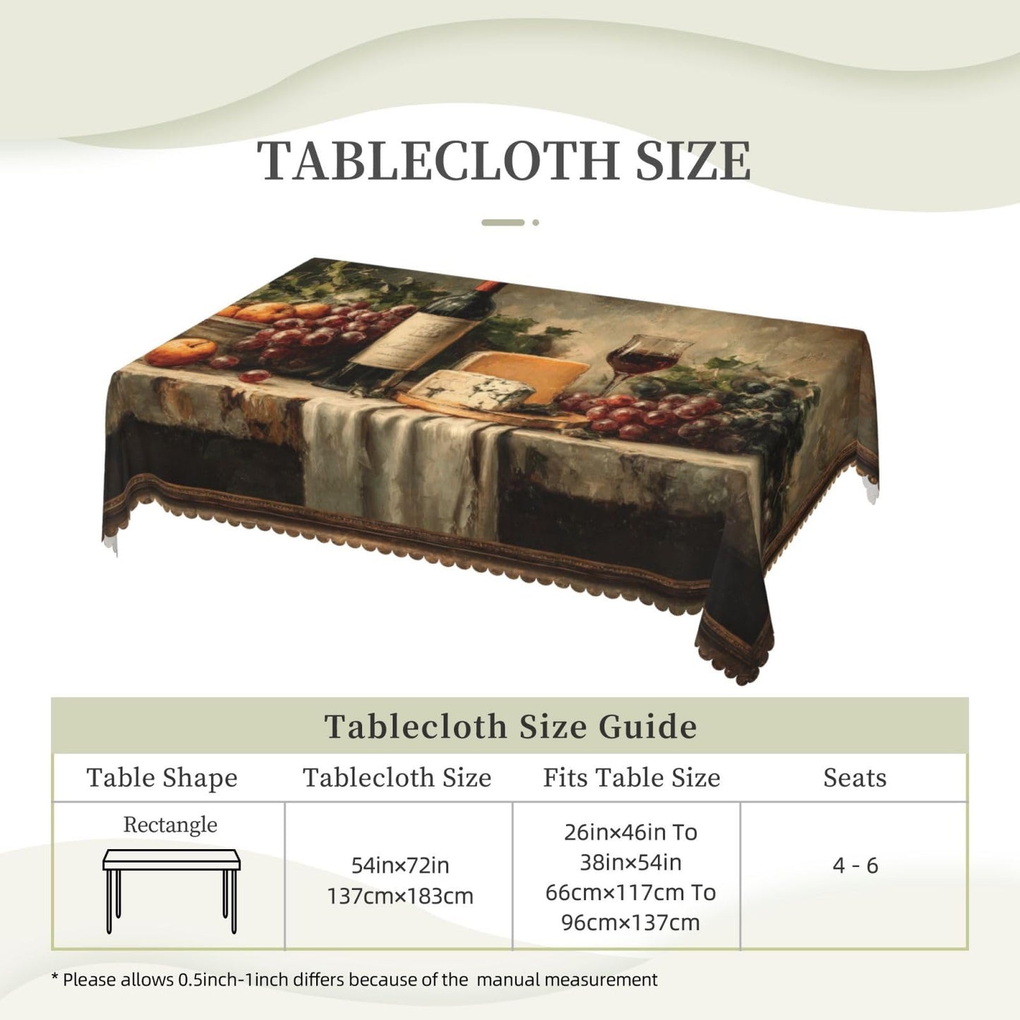 JIANKESEN Retro Wine Bottles Glasses and Grapes Tablecloth Rectangle Cheese Fresh Fruits Rustic Table Cloth Wrinkle Resistant Table Cover for Kitchen Dining Party Decorations 54 x 72 Inch