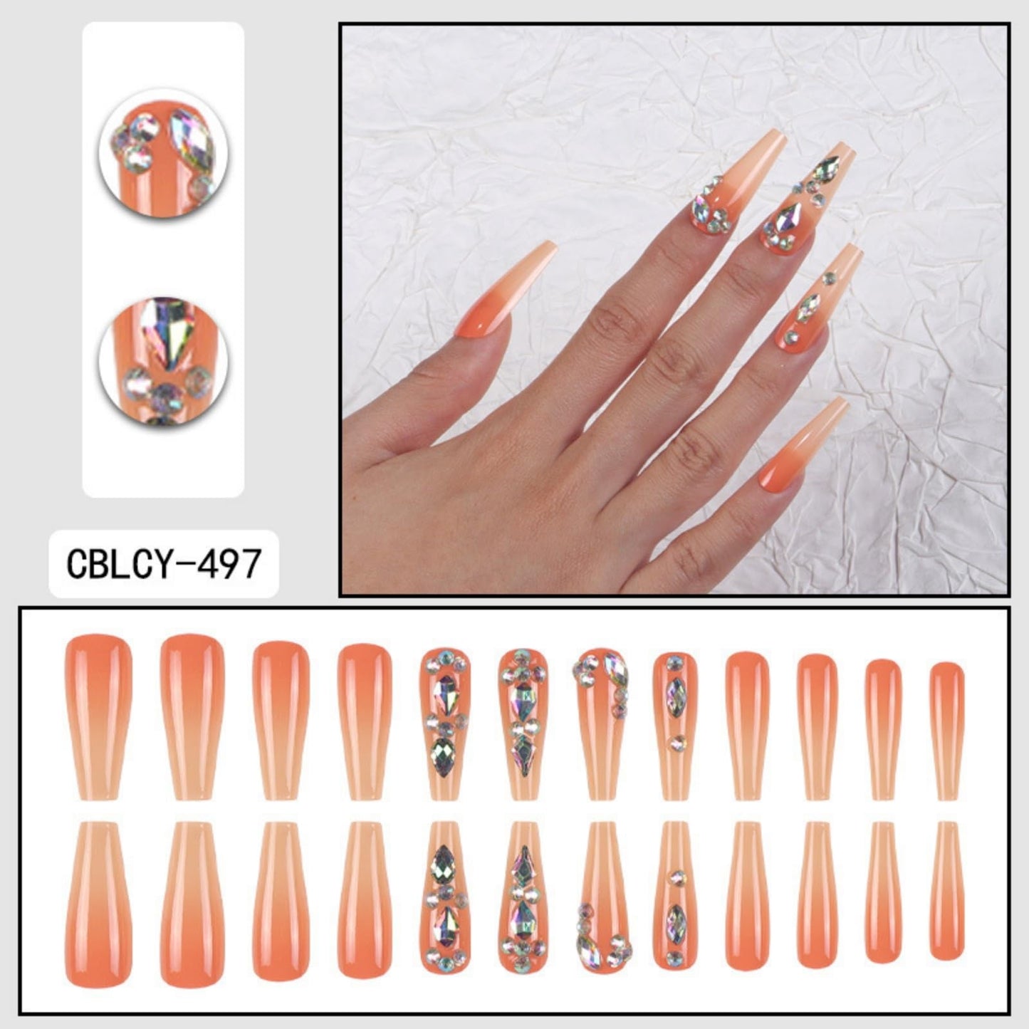 Long Press on Nails Ombre Fake Nails Glitter Extra Long Artificial Nail with Rhinestones Designs Acrylic Nail Press ons Sparkly Stick on Nail for Women 24pcs