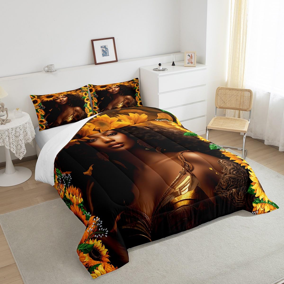 Homewish Black Woman Girls Comforter Set Queen Size,Romantic Sunflower Floral Bedding Set 3Pcs for Kids Teens Boys Adult Room Decor,Africa American Quilt Set Nature Exotic Duvet Insert,2 Pillowcases