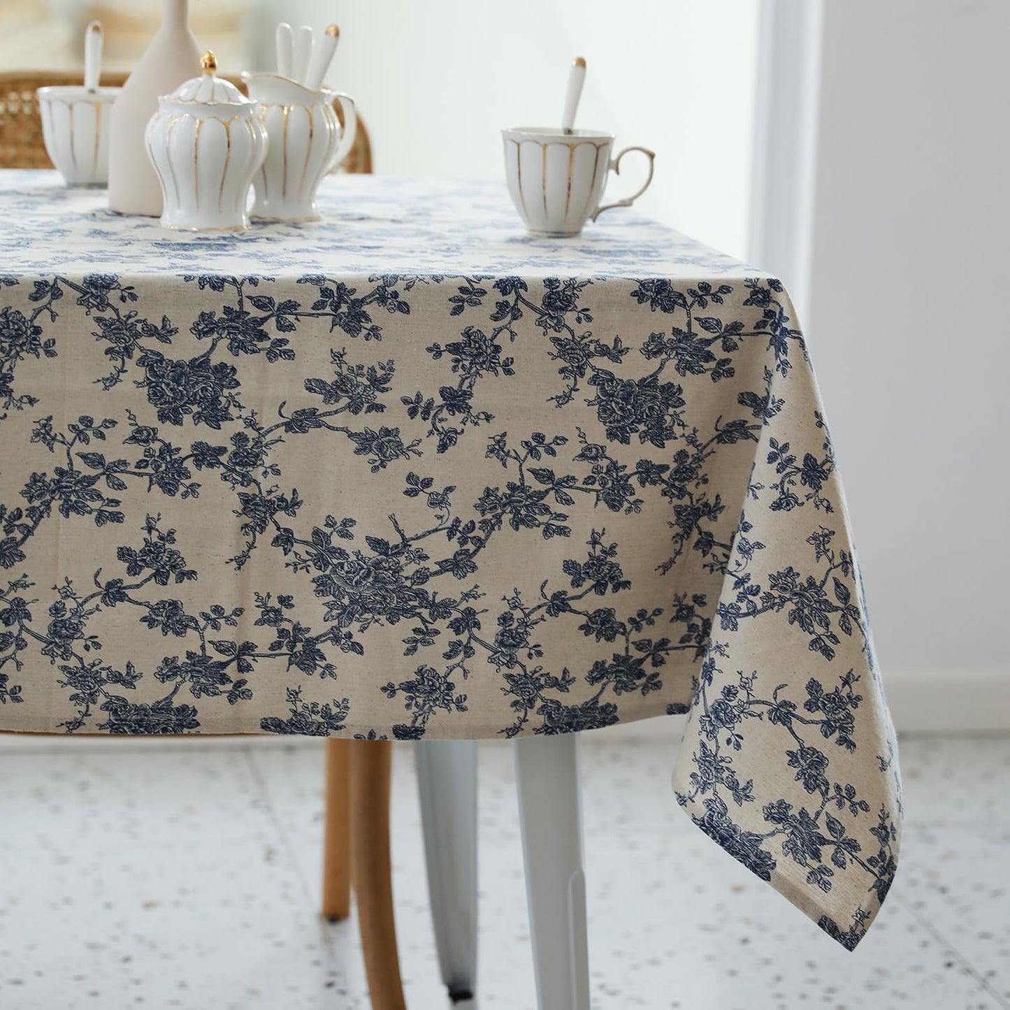YiHomer Pastoral Rectangle Tablecloth - 60 x 84 Inch Table Cloth - Washable Table Cover with Dust-Proof Wrinkle Resistant for Restaurant, Picnic, Indoor and Outdoor Dining, Floral (Dark Blue)