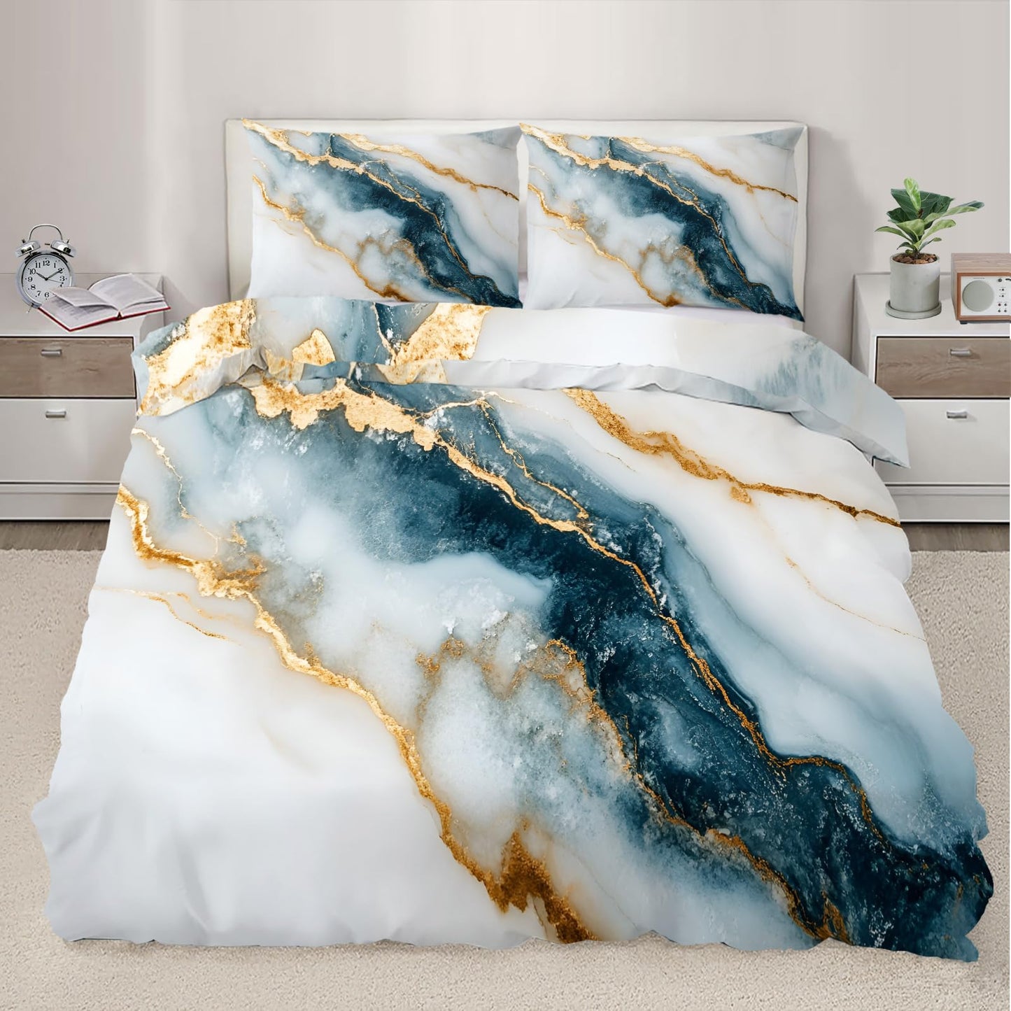PAISUOQ Marble Duvet Cover Full Size, Golden Texture Bedding, 3 Piece, Soft Microfiber Patterned Comforter Cover with Zipper Ties & 2 Pillowcase, White & Teal Bedroom Decor & Gifts