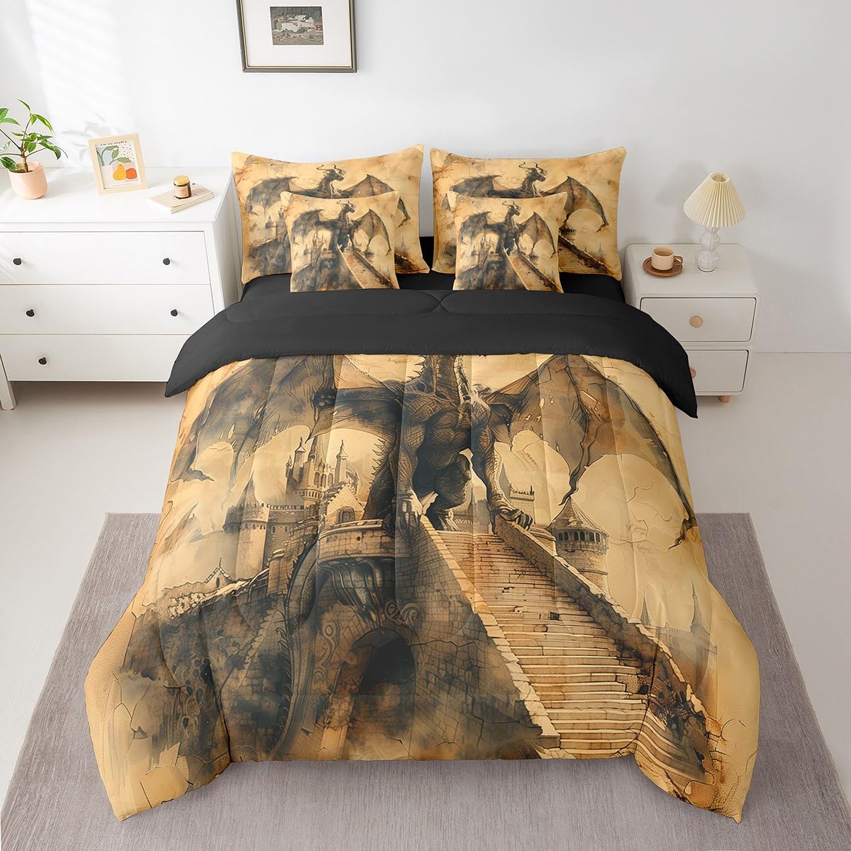 Erosebridal Magical Dragon Comforter Set King,Ancient Animal Bedding Set 7Pcs for Kids Boys Girls,Castle Bed in a Bag