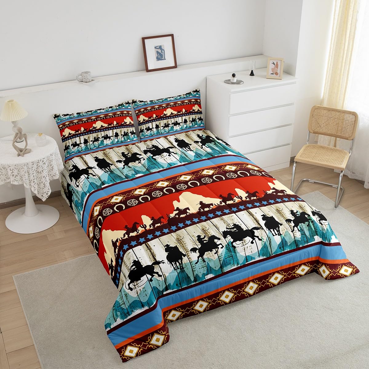 Feelyou Kids Full Aztec Red Comforter Full Size, Southwestern Cowboys Comforter Set for Boys Girls Horse Bedding Set Boho Tribal Duvet Set Microfiber Bed Set