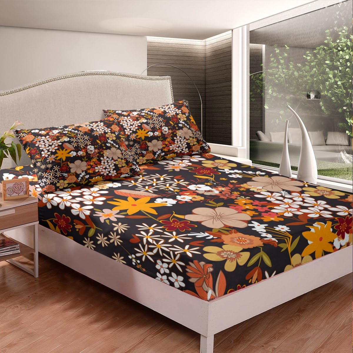 Erosebridal Bed Linen Set - Full Size Floral Hippie Aesthetic 400 Thread Count Bed Sheet Set for Women - 1 Fitted Sheet, 1 Flat Sheet, 2 Pillow Cases