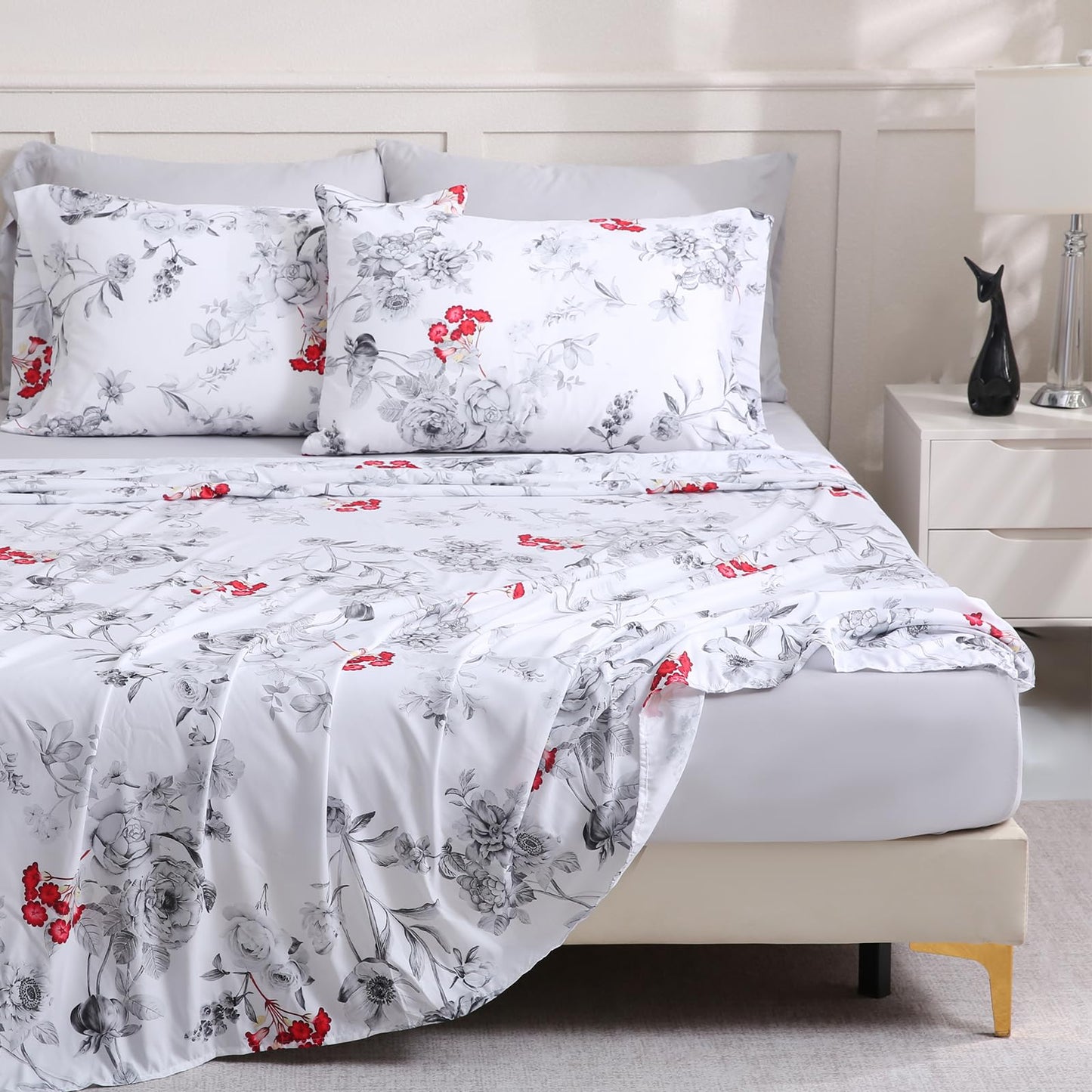 LONAVA Flower Queen Size 6 Pcs Sheet Set, Breathable Microfiber Deep Pocket White Fitted Sheets, Comfy & Breathable Patterned Flat Sheets,4 Gentle Soft Pillowcases, Gothic Rose