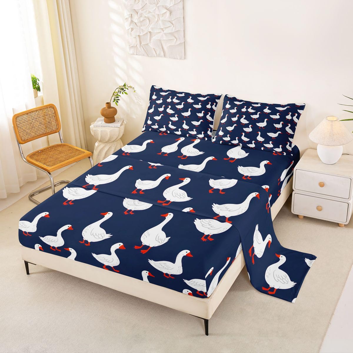 Erosebridal Goose Bed Sheets Set Full Cute Animal Sheet Set White Geese Navy Blue Sheets Funny Kawaii Cartoon Flat Fitted Sheet