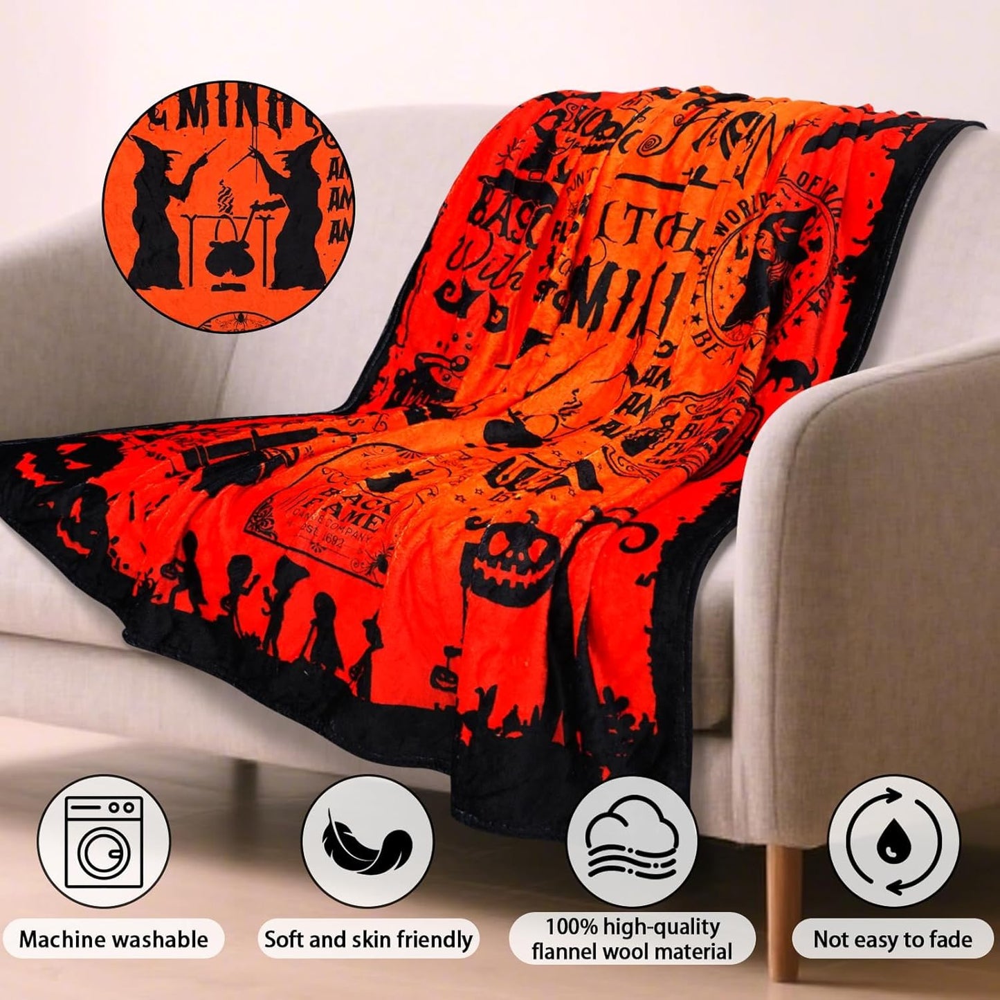 Halloween Throw Blanket Halloween Horror Witch Goth Skull Pumpkin Throw Blanket Couch Cozy Flannel Decoration for Party Bed Living Room Decor Gift