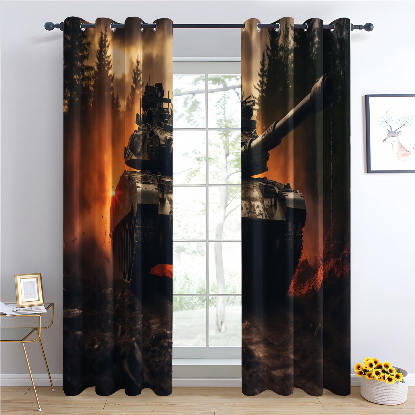 Phtbz Military Tank Patterned Blackout Curtains for Bedroom, Living Room Decor, Room Darkening Thermal Insulated Grommet Drapes, Army Theme Gamer Room Window Treatments, 45 Inch Curtains 2 Panel Set