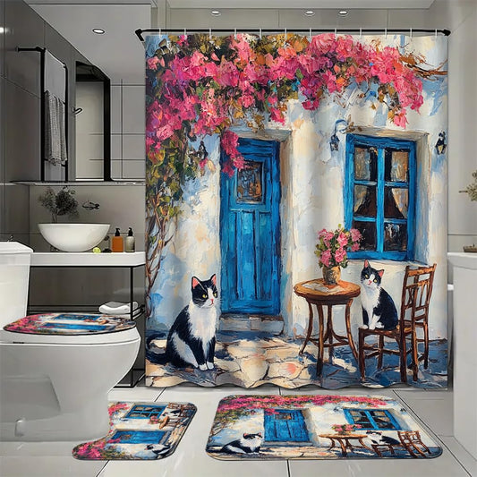 YFBBINS 4Pcs Retro Watercolor Cat Waterproof Shower Curtain with 12 Hooks, Farmhouse Cute Animals Floral Painting Bathroom Curtains Set with Rug, U Shape Mat and Toilet Cover for Home Decor